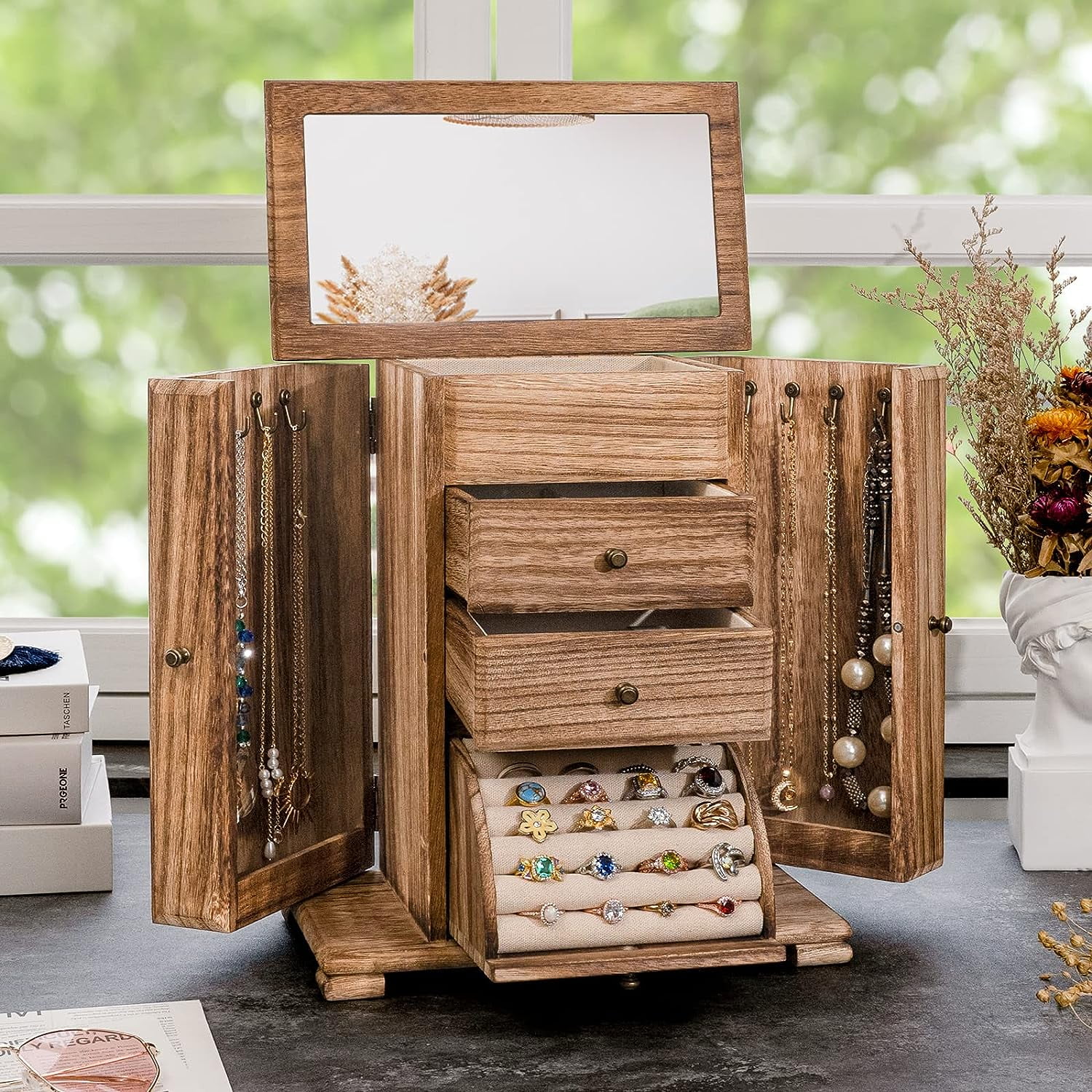 Large Rustic Jewelry Chest With Mirror For Women 5 Layer Wood Organizer For  Necklaces, Earrings, Rings, And Bracelets By Emfogo From Mohammed_vip,  $24.75 | DHgate.Com